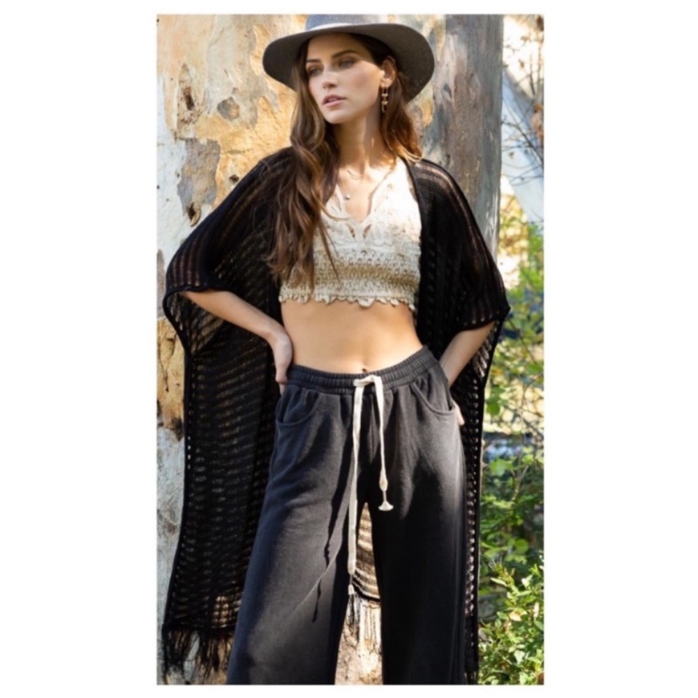 New POL Black Loose Rib Knit Cardigan/Kimono With Fringe Hem - Picture 3 of 11